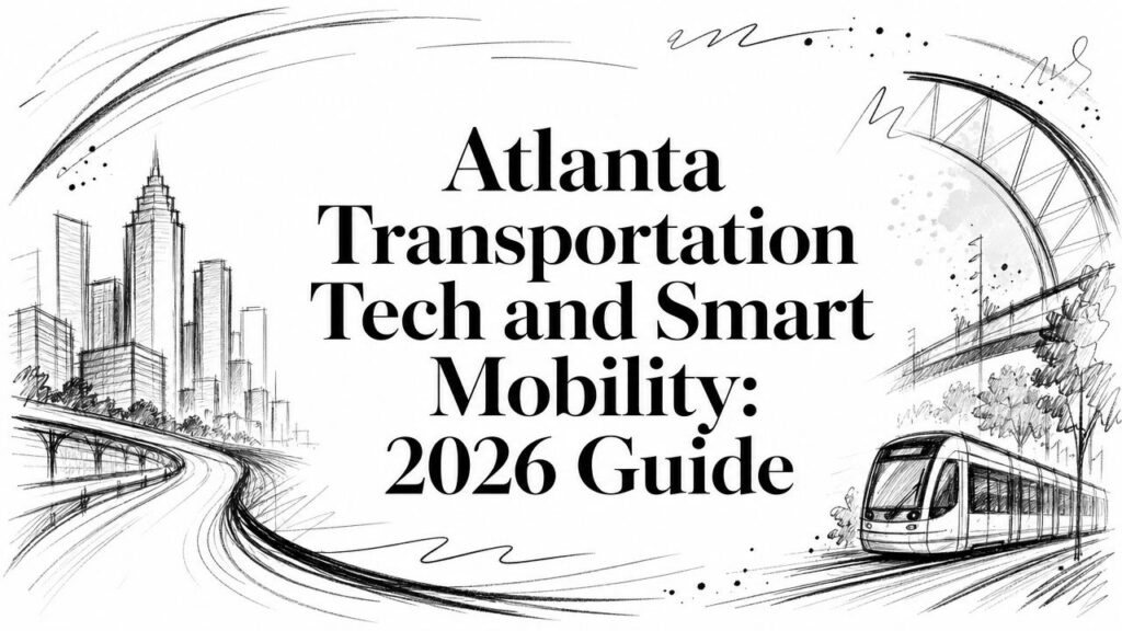 Black and white sketch of Atlanta skyline with tram, bridge, and transportation mobility guide text visible.