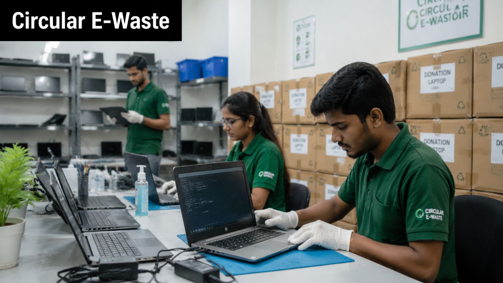 A team of technicians in a workspace refurbishing and repairing used laptops for a circular economy project.