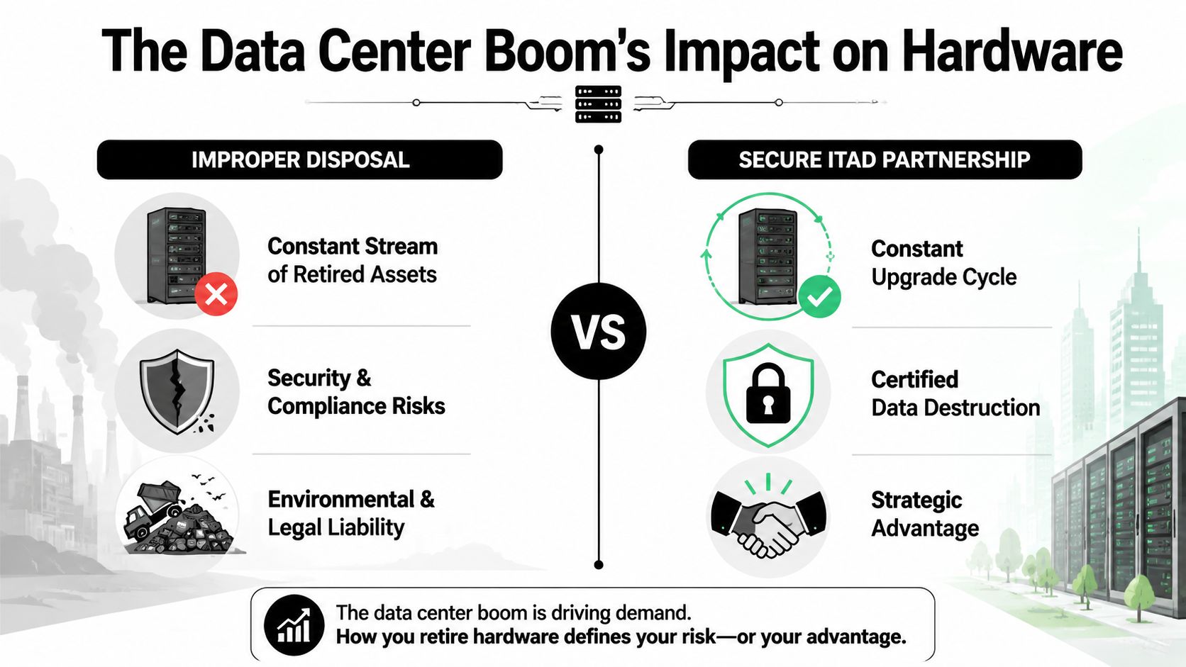 An infographic comparing improper data center hardware disposal with the benefits of a secure ITAD partnership.