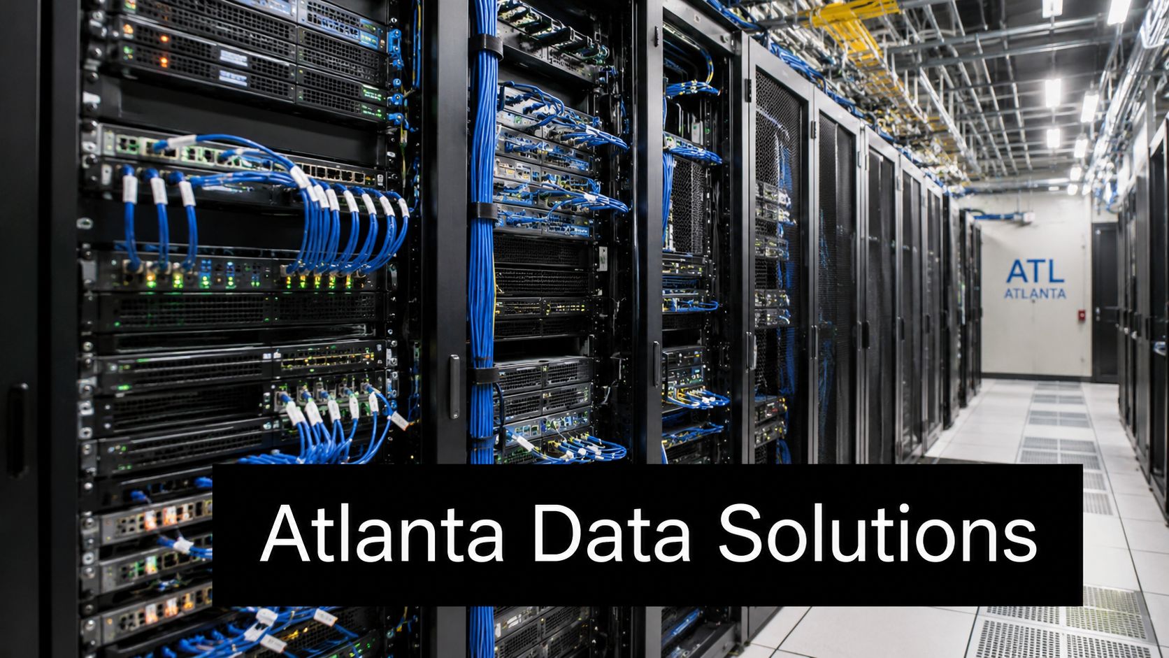 Rows of server racks with blue networking cables inside a modern data center in Atlanta, Georgia.