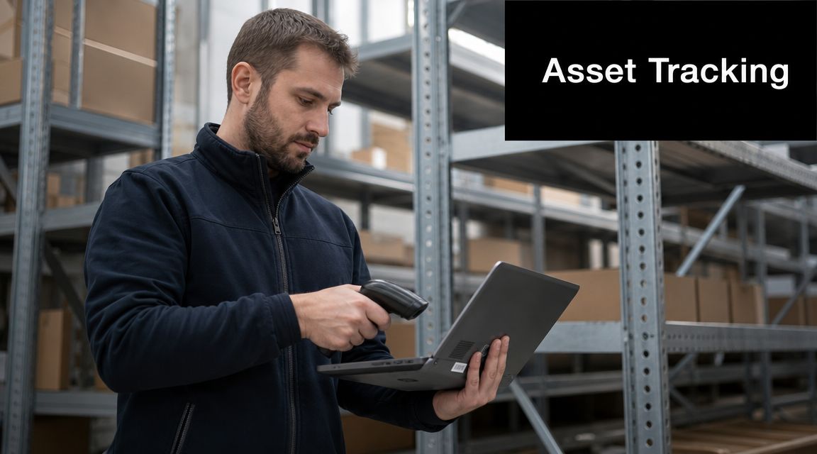 A warehouse employee uses a barcode scanner while checking inventory data on a portable laptop computer.