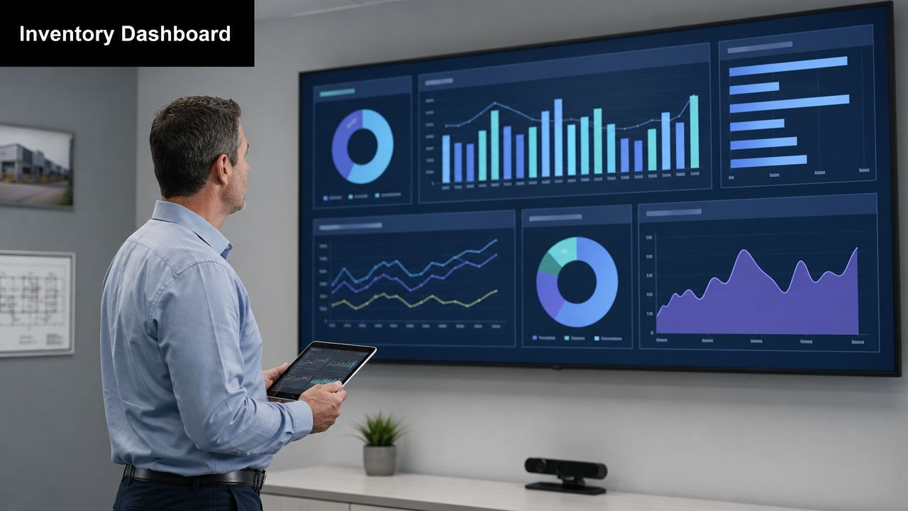 A professional man holding a tablet, reviewing data on a large inventory dashboard screen in an office.