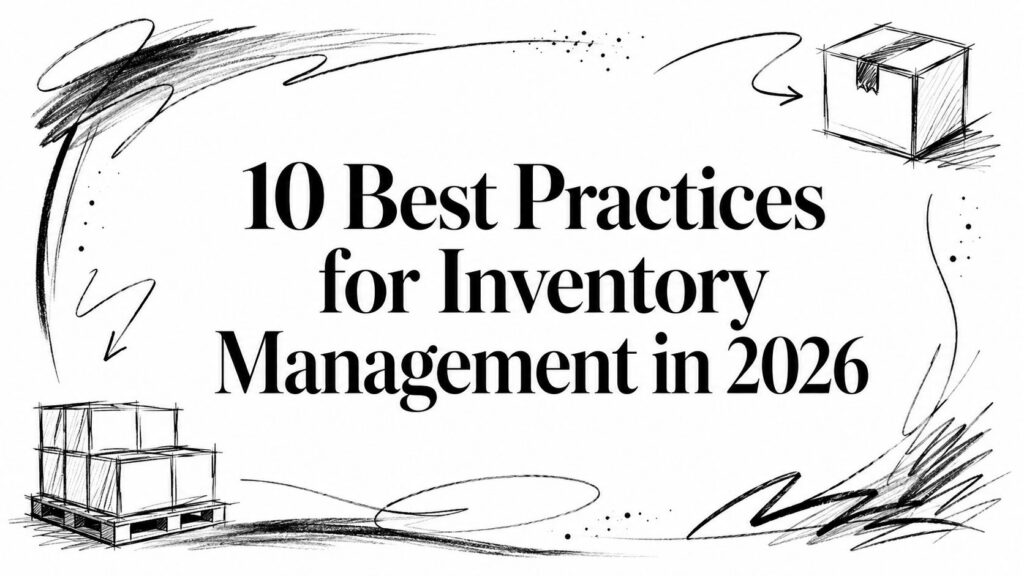 10 Best Practices for Inventory Management in 2026" text with sketched boxes and flowing abstract lines.
