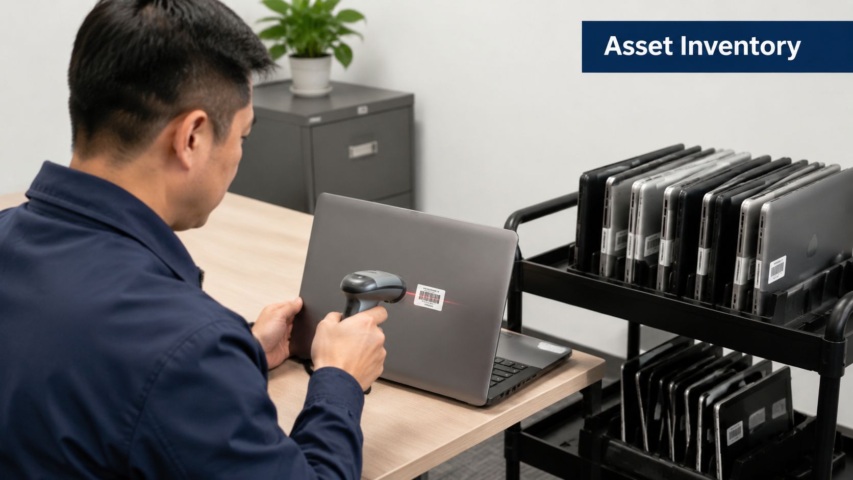 A technician scanning a barcode on a laptop during an asset inventory audit in an office.