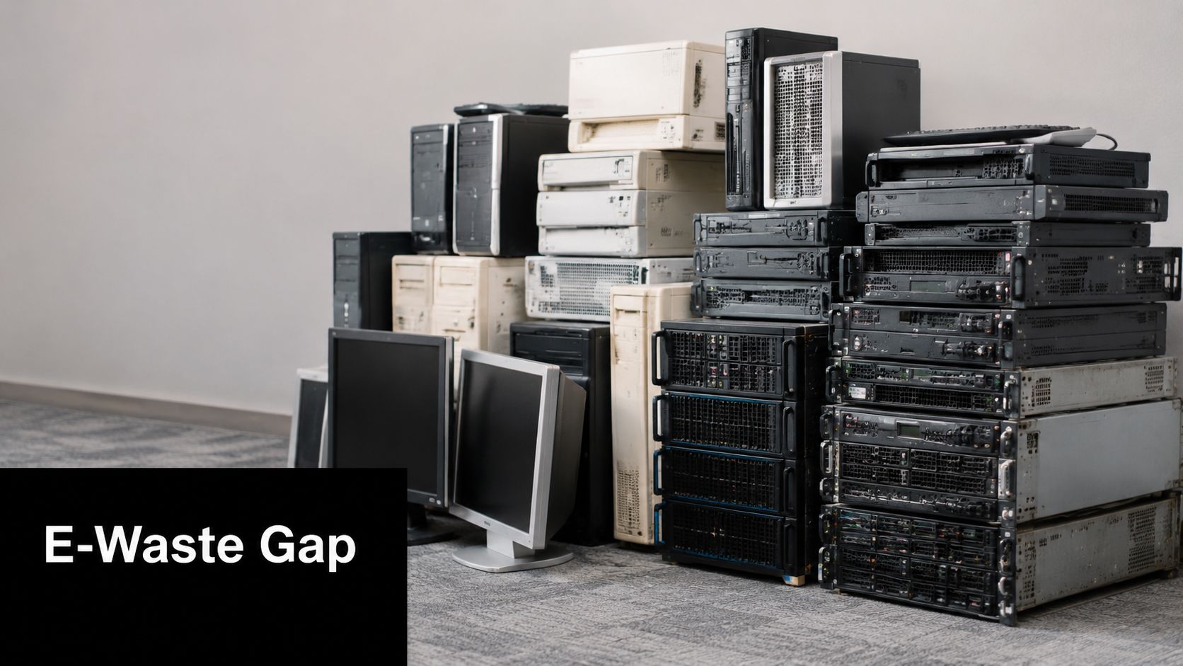A large pile of old computer servers, monitors, and discarded office equipment stacked on an office floor.