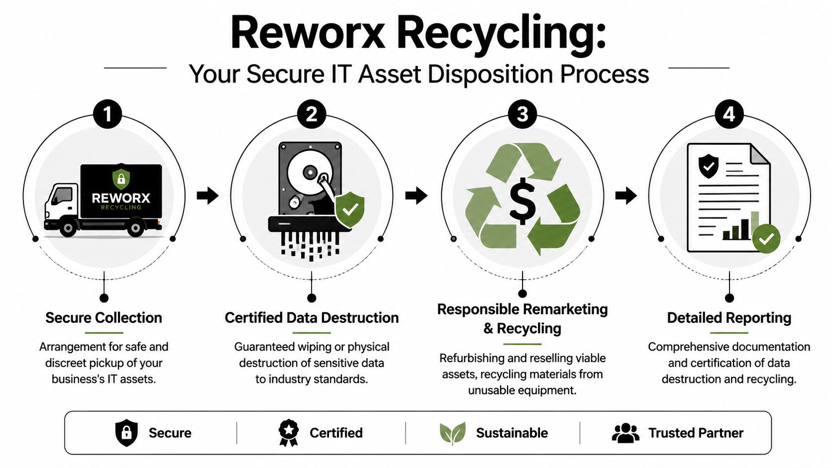 A four-step infographic illustrating the Reworkx Recycling secure IT asset disposition process from collection to reporting.