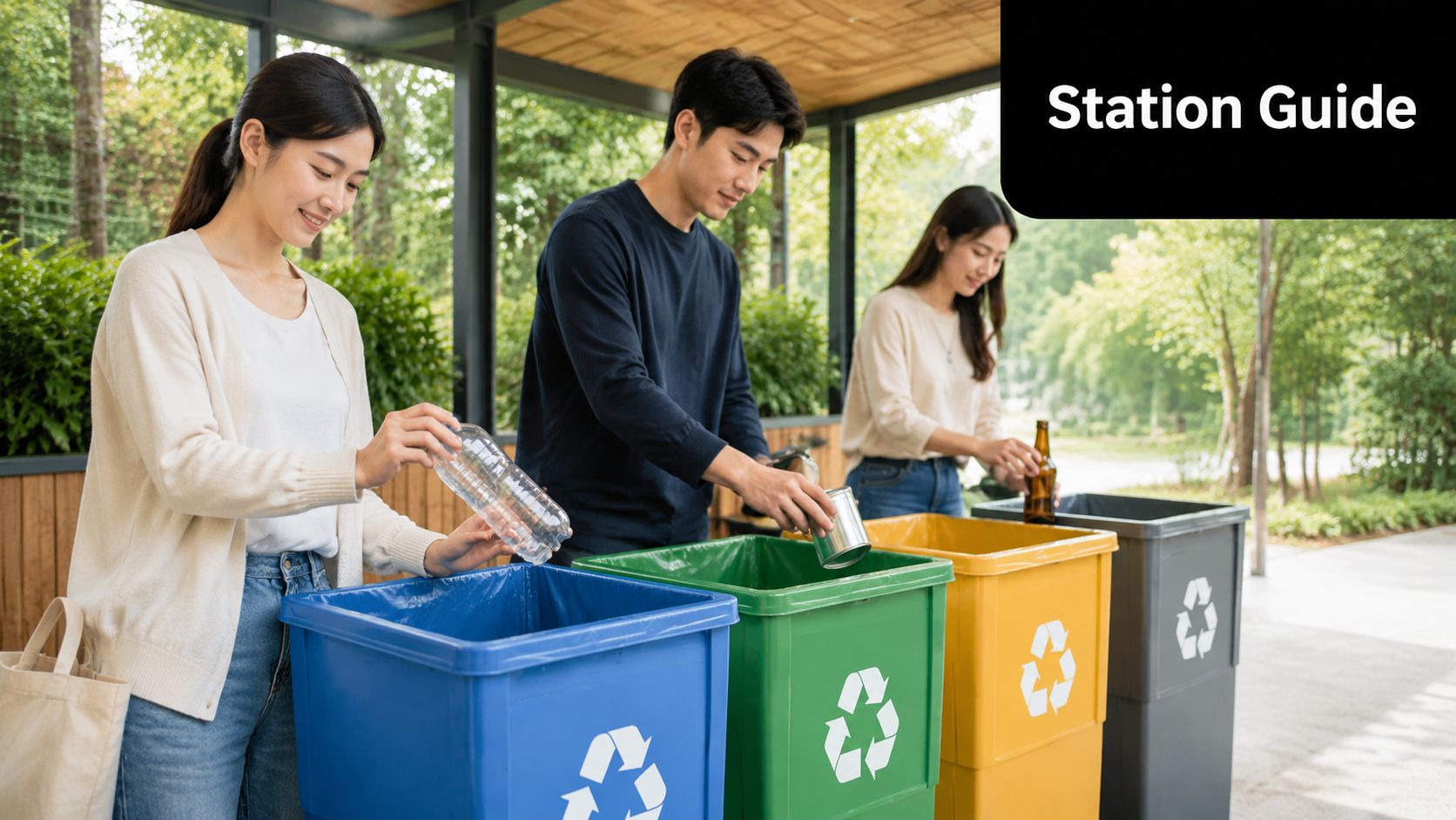 Three young adults sorting their trash into different colored recycling bins at an outdoor waste disposal facility.