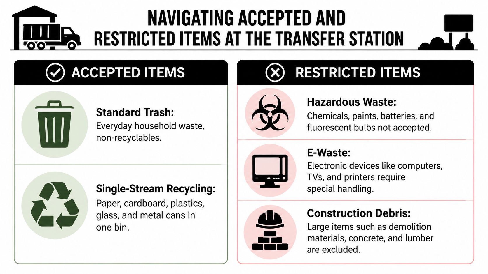 An infographic titled Navigating Accepted and Restricted Items at the Transfer Station, listing accepted and prohibited waste materials.