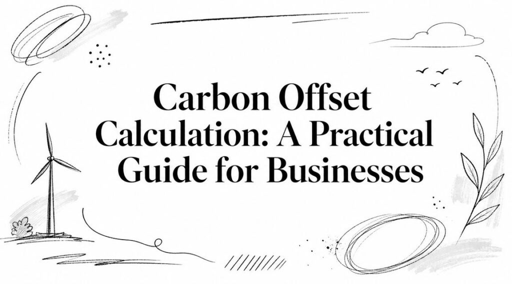 Text "Carbon Offset Calculation: A Practical Guide for Businesses" with nature sketches and a wind turbine.
