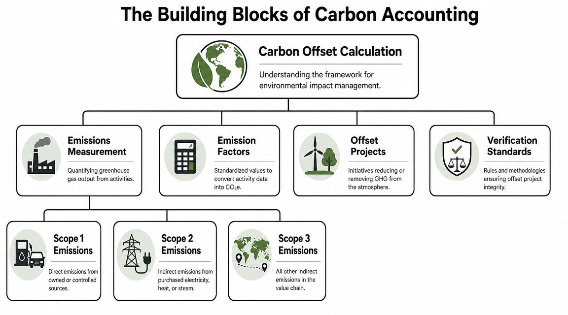A diagram illustrating the building blocks of carbon accounting including measurement, emission factors, projects, and standards.
