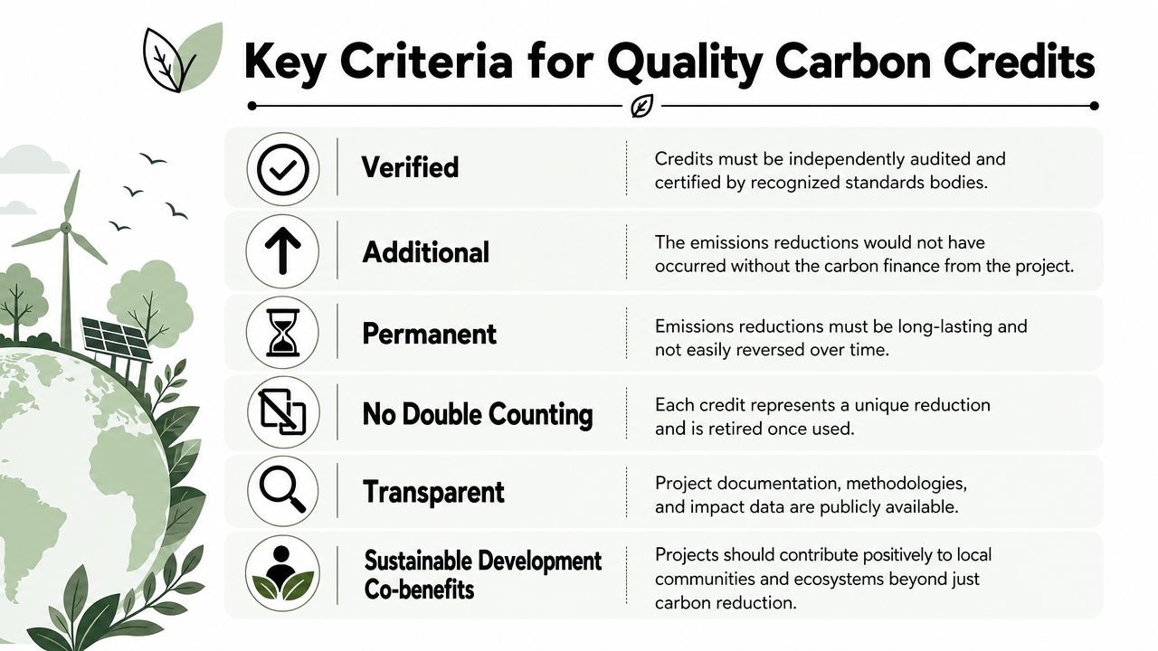 An infographic detailing six essential criteria for ensuring quality and reliable carbon offset credits.