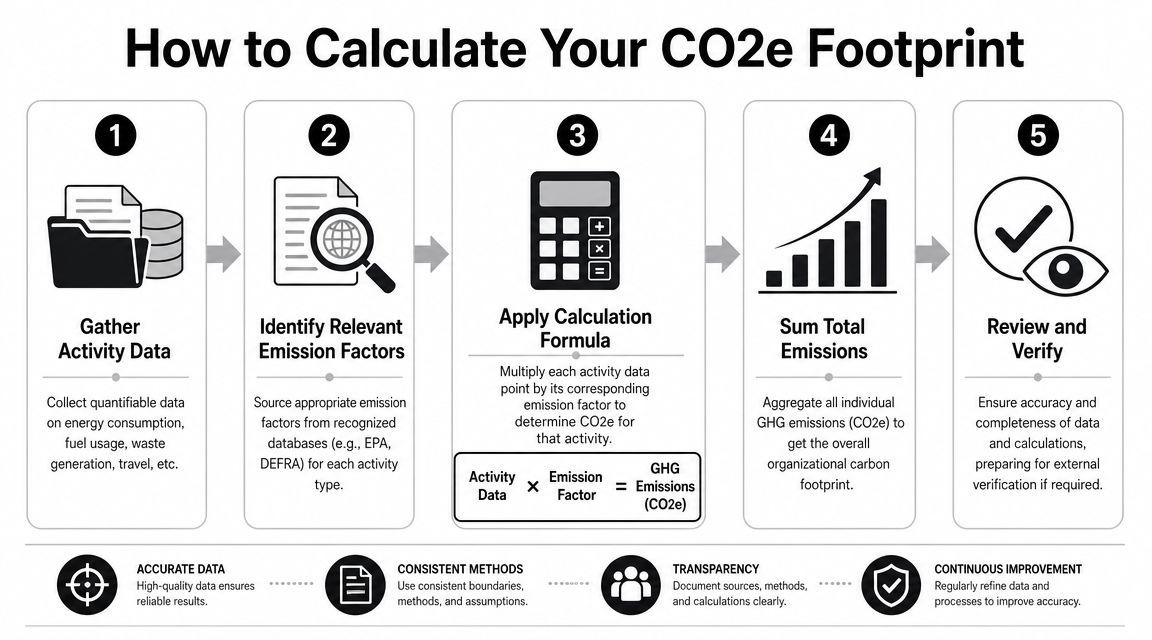 An infographic illustrating the five-step process for calculating an organization's CO2e emissions and carbon footprint.