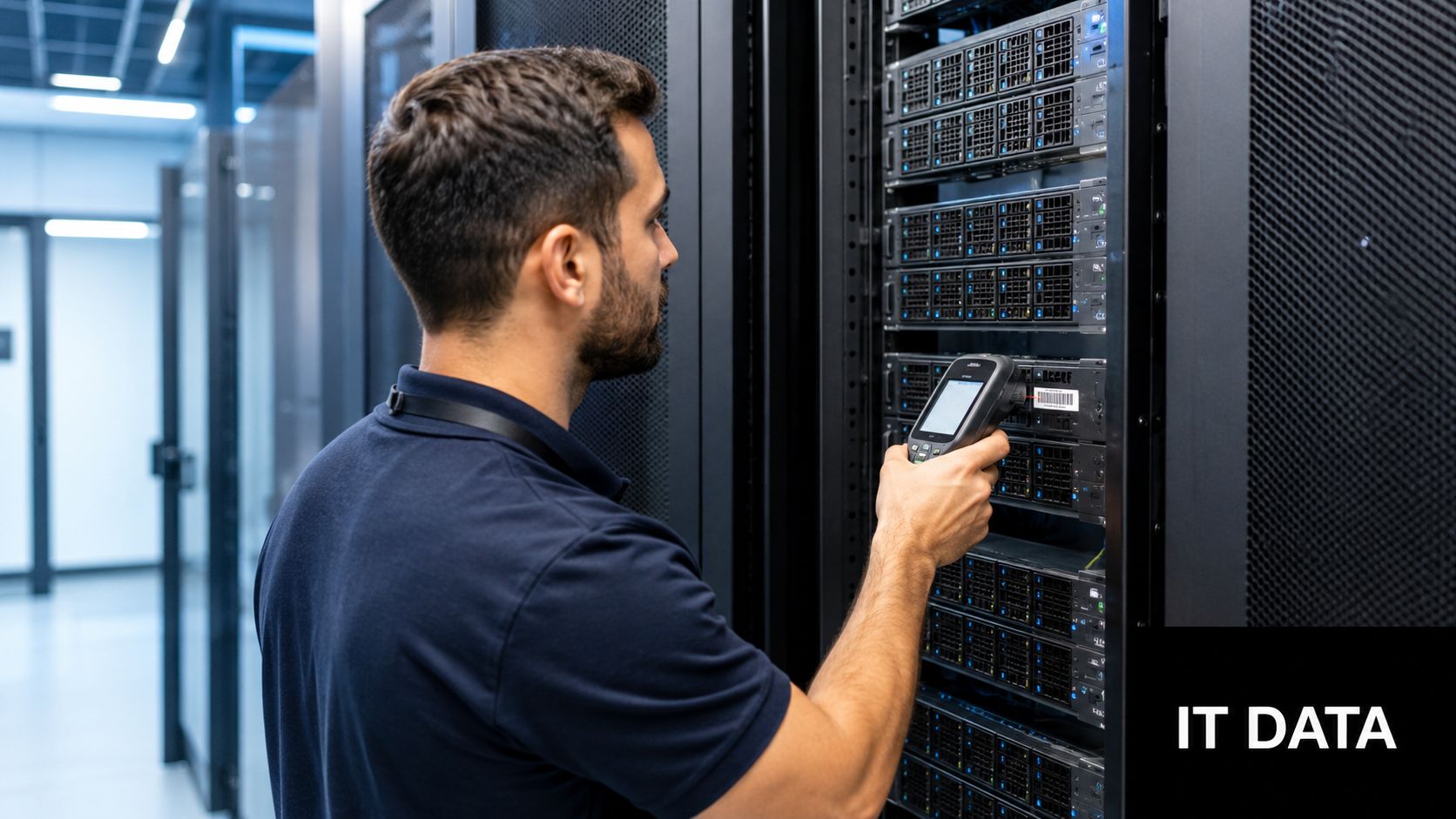 A technician scanning a server rack component with a handheld digital device in a data center.