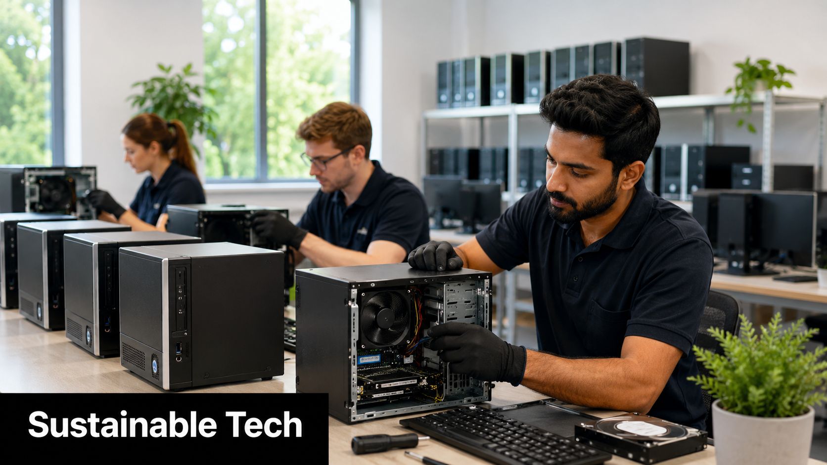 Technicians wearing protective gloves working on refurbished computer hardware in a modern office workshop environment.