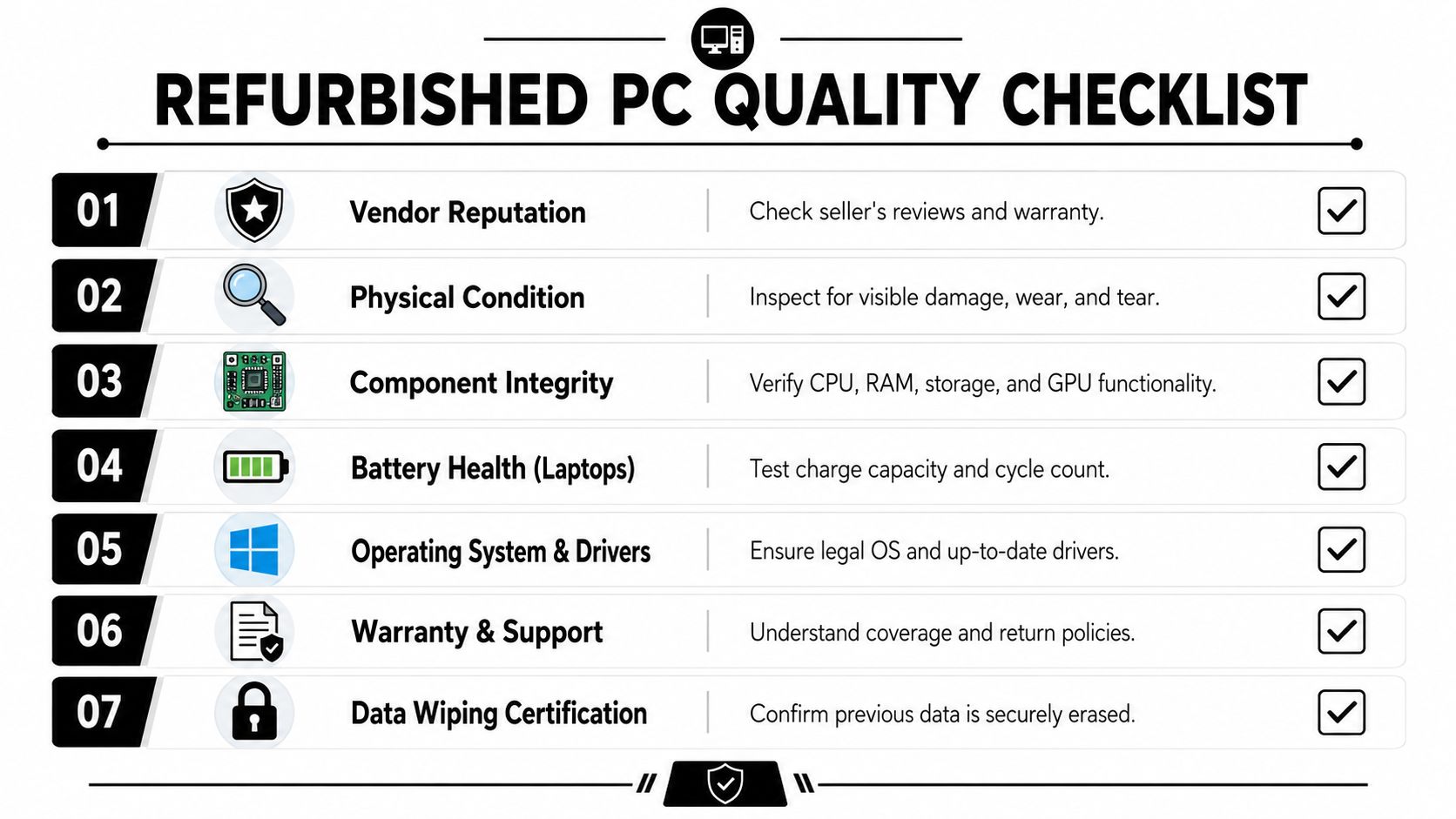 A seven-step infographic checklist for evaluating the quality and condition of refurbished computers and laptops.
