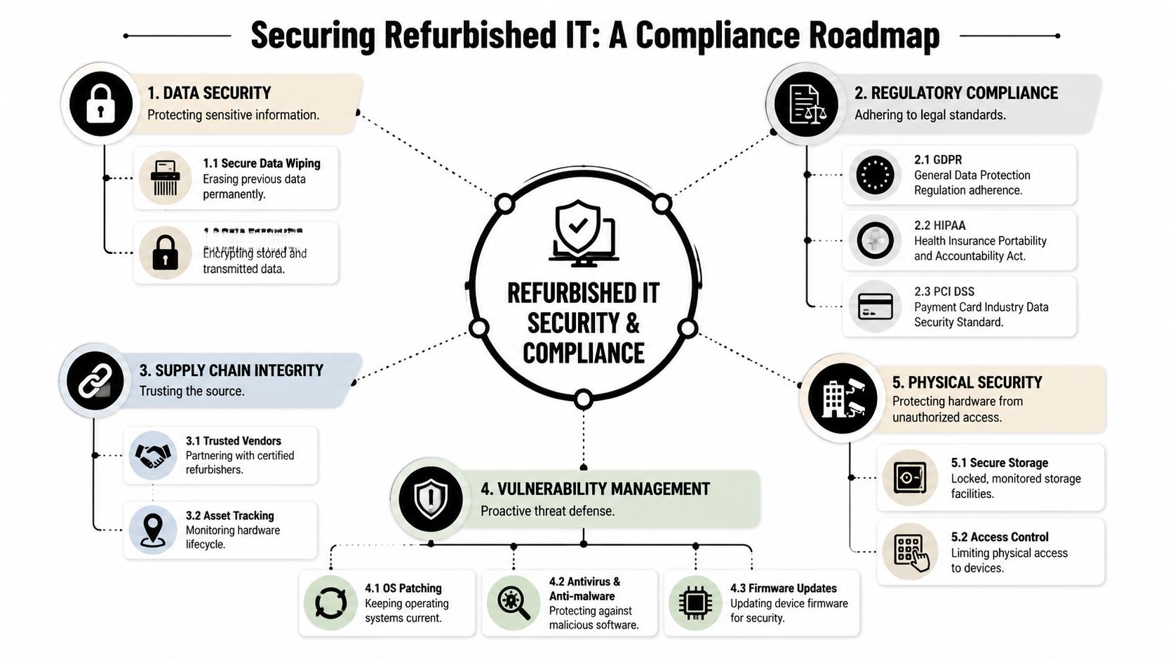 A diagram illustrating a roadmap for ensuring security and compliance when handling refurbished IT hardware devices.