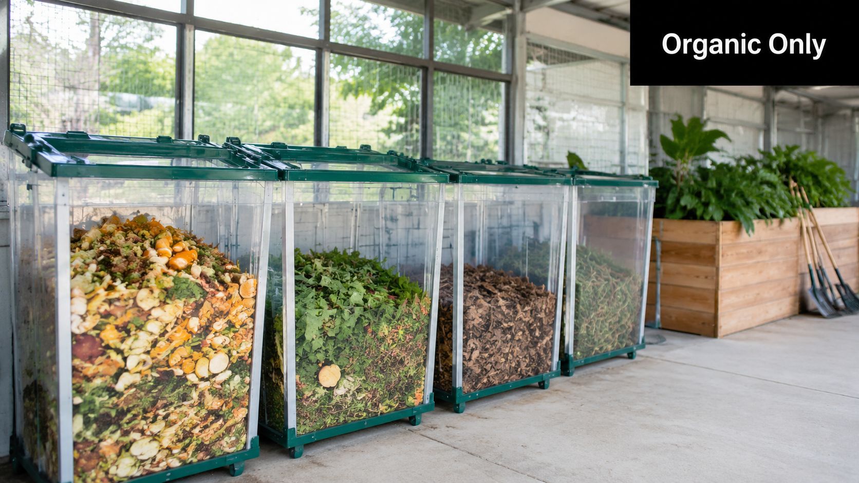 Four clear plastic bins filled with various organic compost materials sitting in a sunny greenhouse setting.