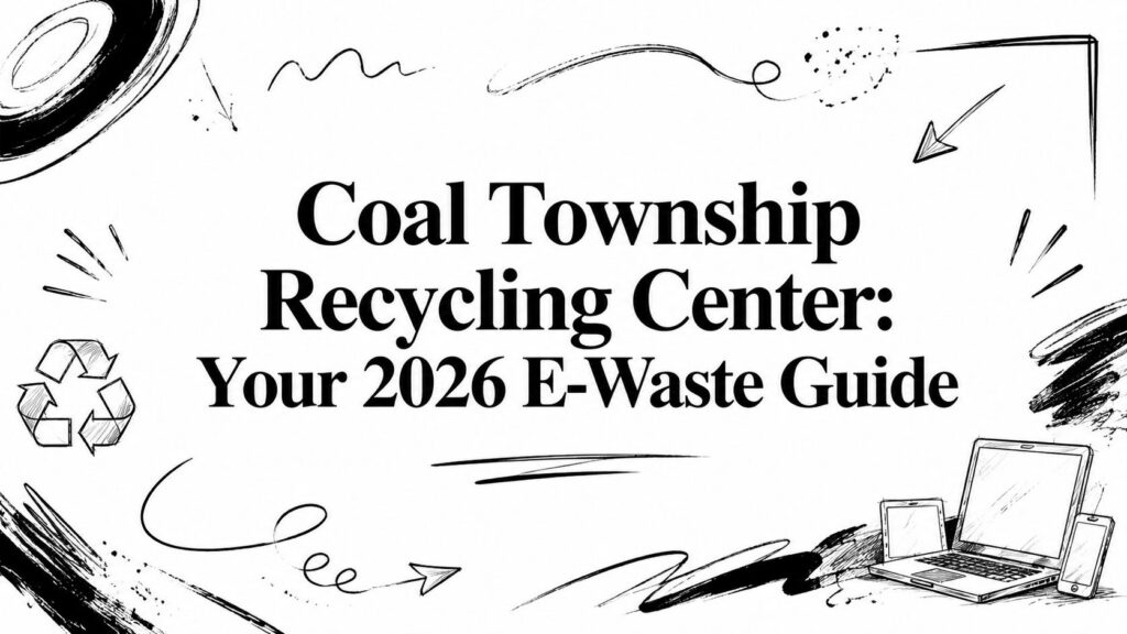 Black and white graphic showing "Coal Township Recycling Center: Your 2026 E-Waste Guide" and e-waste icons.