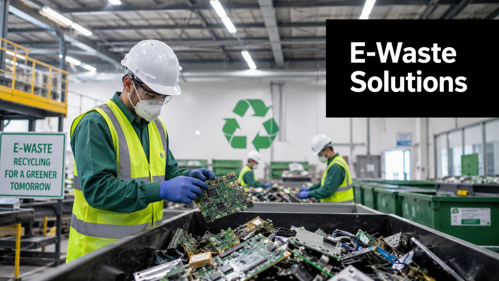 Workers in protective gear sorting electronic waste circuit boards at a professional recycling facility center.