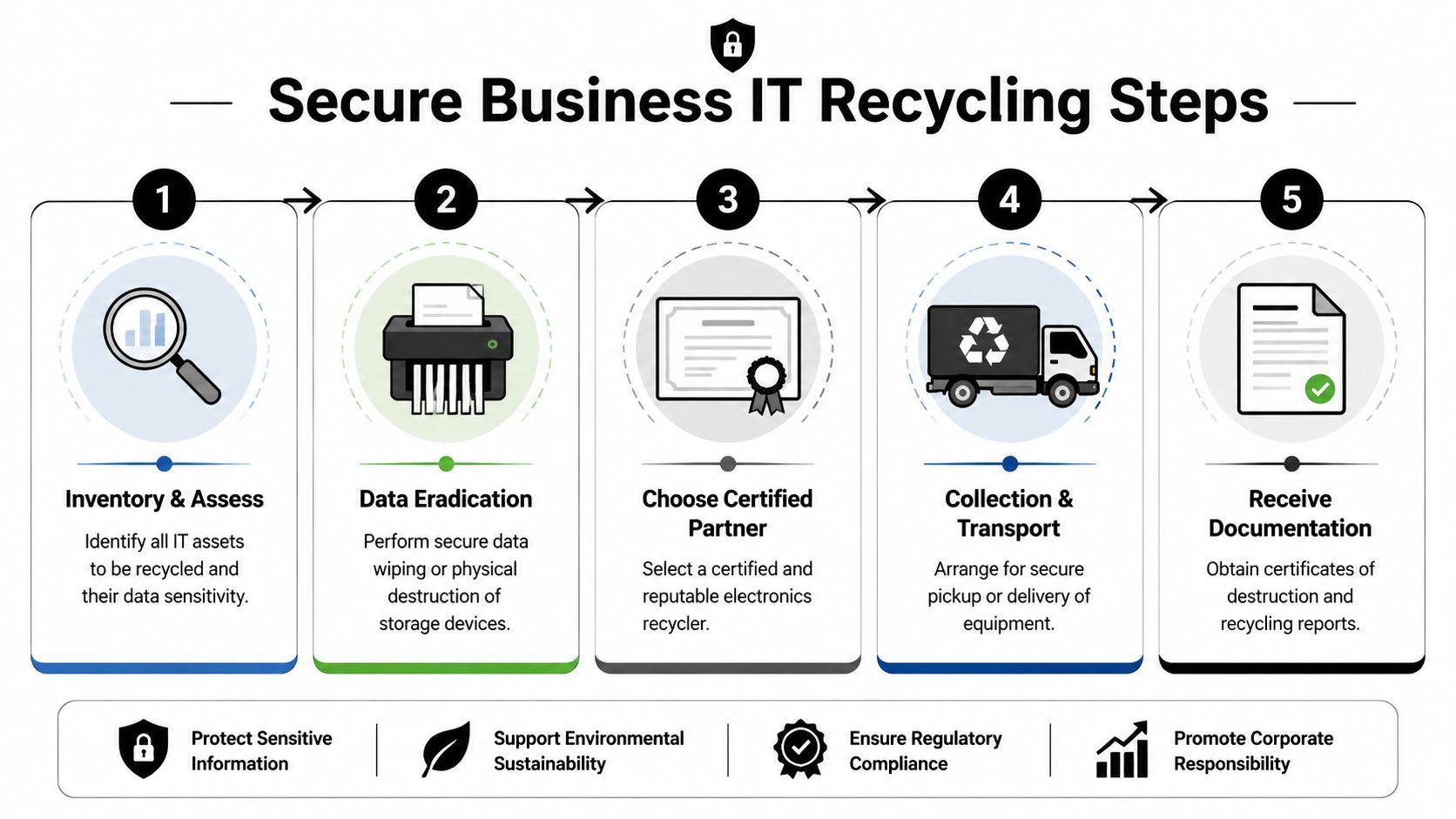 A flowchart detailing five essential steps for secure business IT equipment recycling and data protection procedures.