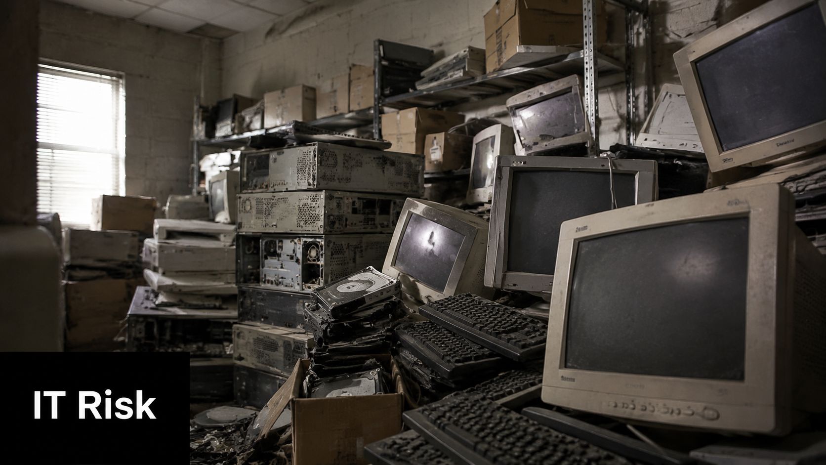 A storage room filled with old, discarded computer hardware, monitors, and keyboards representing outdated technology risk.