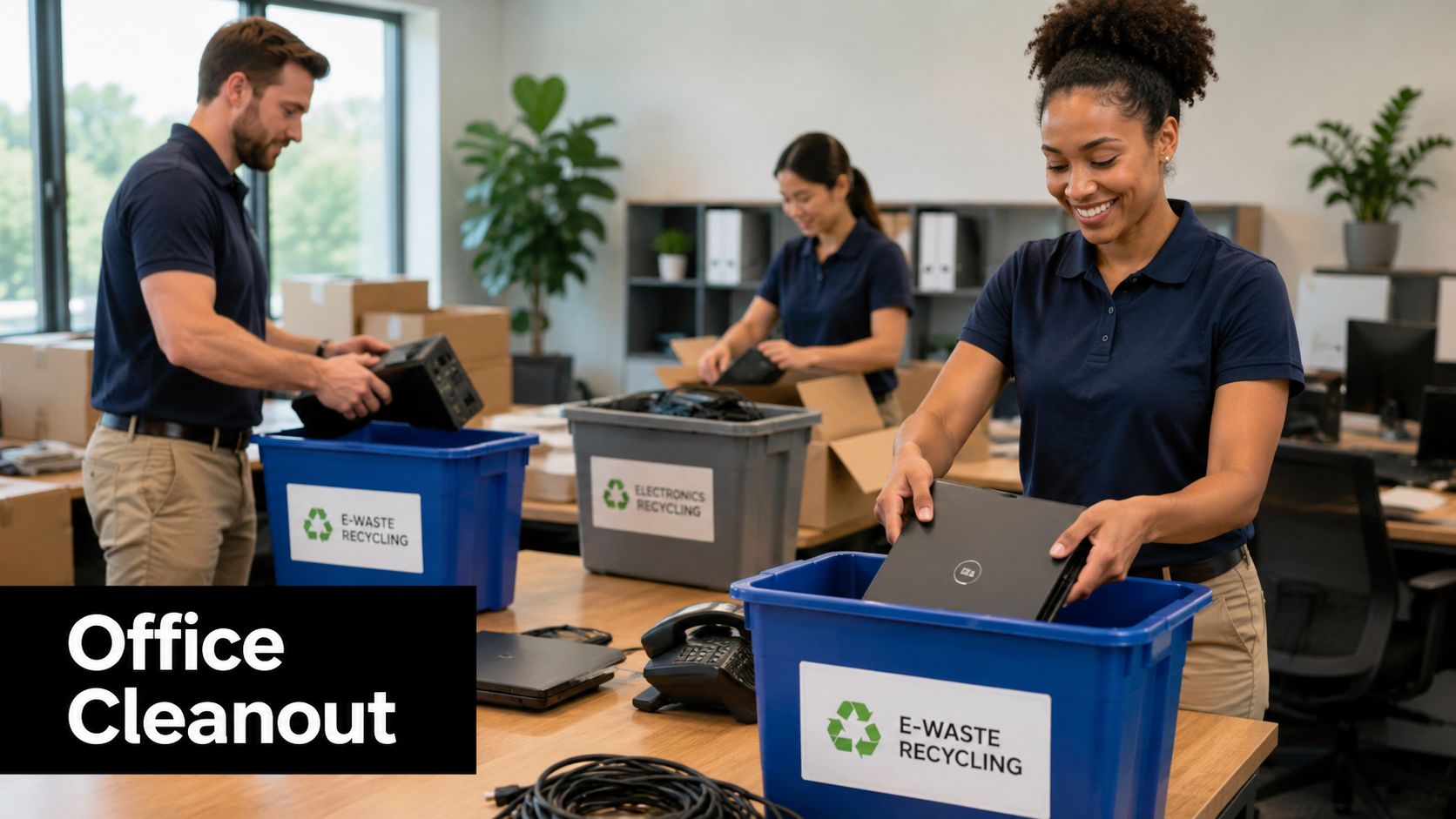 Three professional team members work together to organize and sort e-waste for recycling in an office setting.