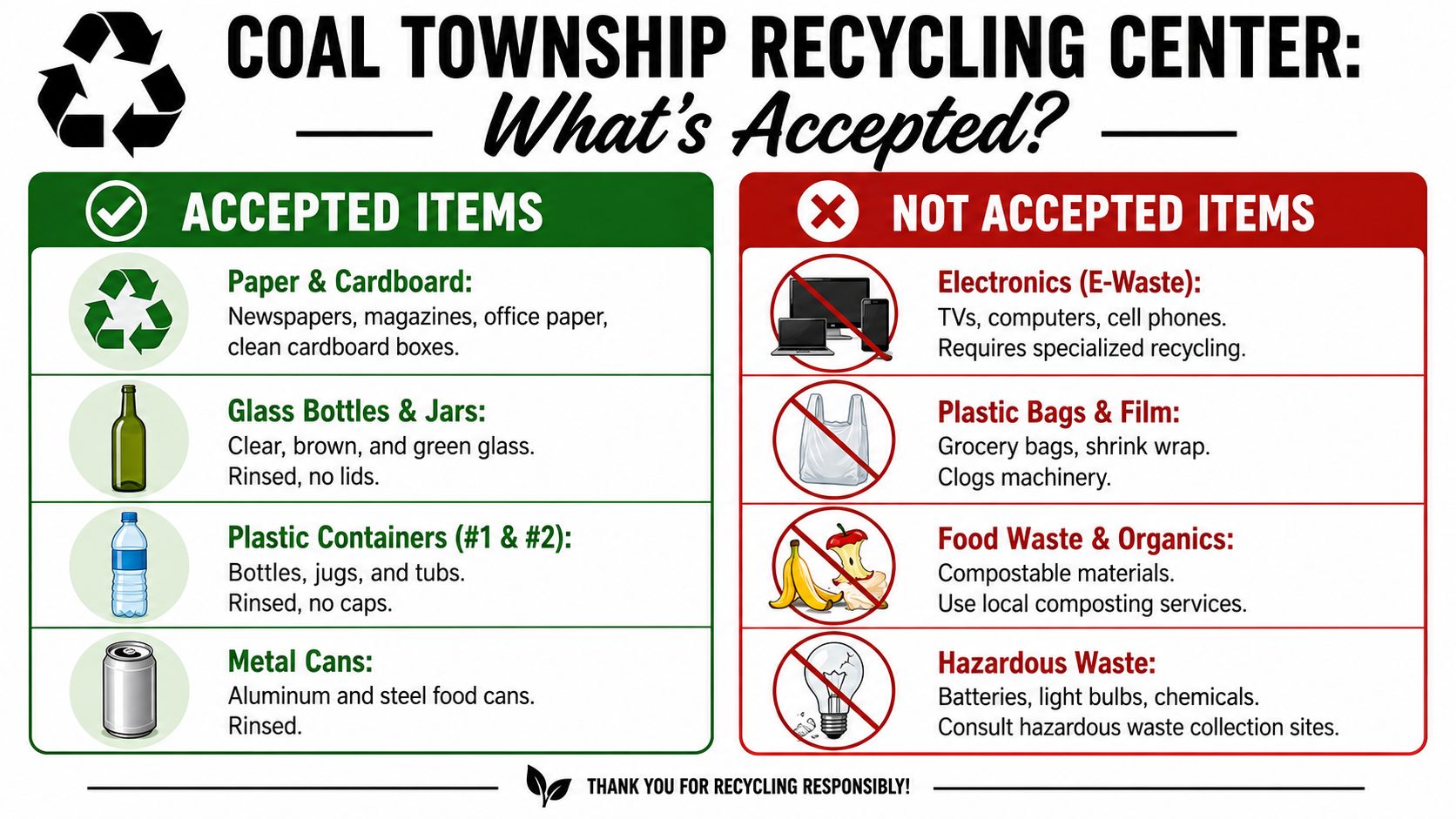 A recycling guide sign for Coal Township Recycling Center listing accepted and not accepted waste items.