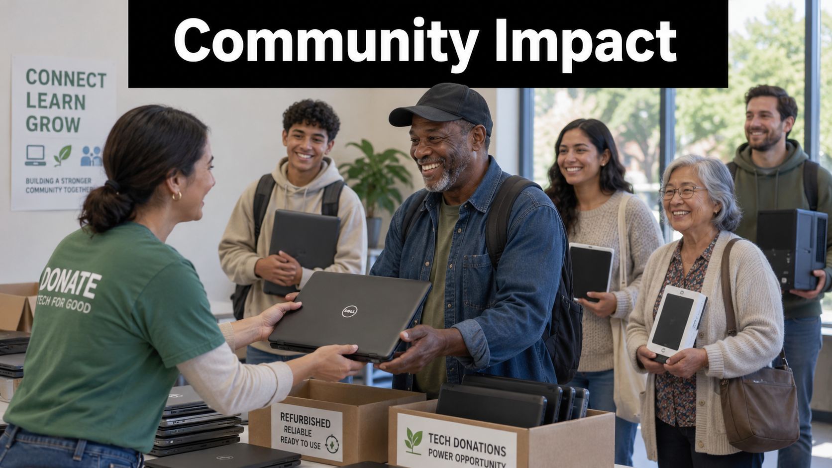 A person handing a refurbished laptop to a smiling man at a community technology donation event.
