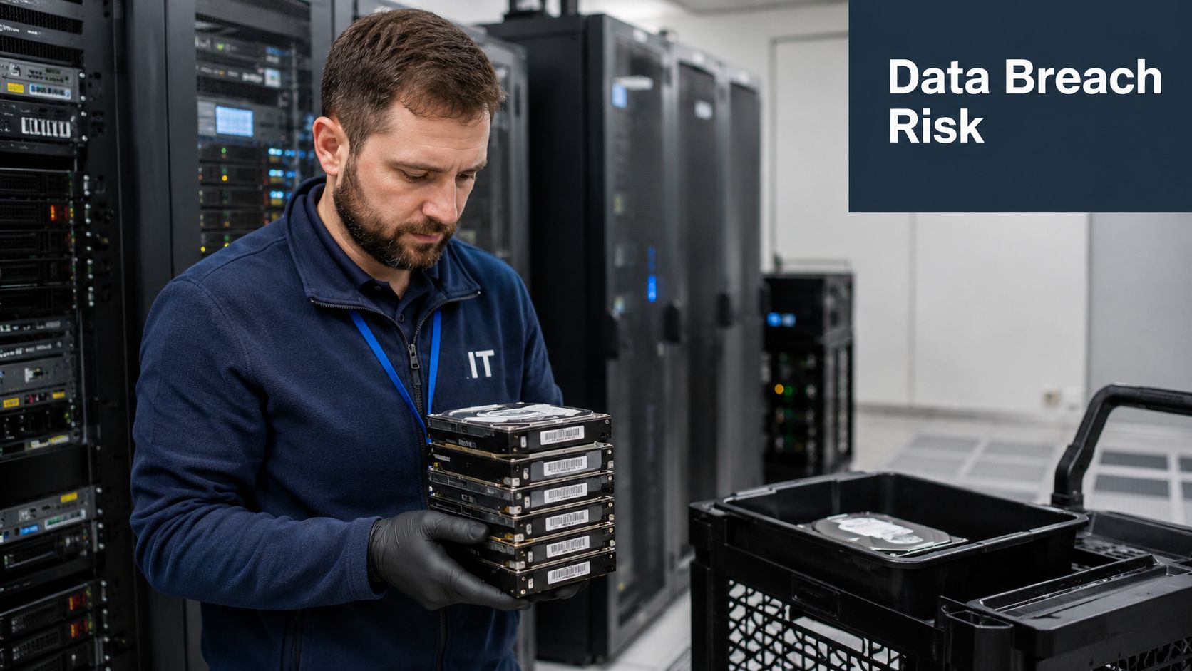 A technician wearing black gloves holds a stack of hard drives in a data center server room.