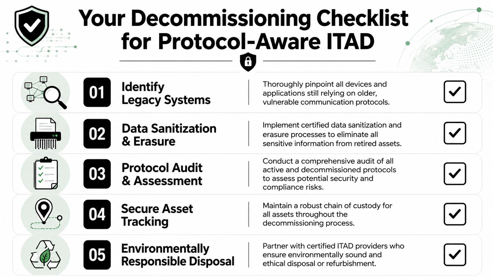A checklist infographic titled Your Decommissioning Checklist for Protocol-Aware ITAD, detailing five essential steps for asset decommissioning.
