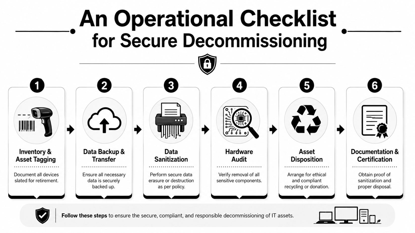 A six-step infographic outlining an operational checklist for the secure decommissioning of corporate IT hardware assets.