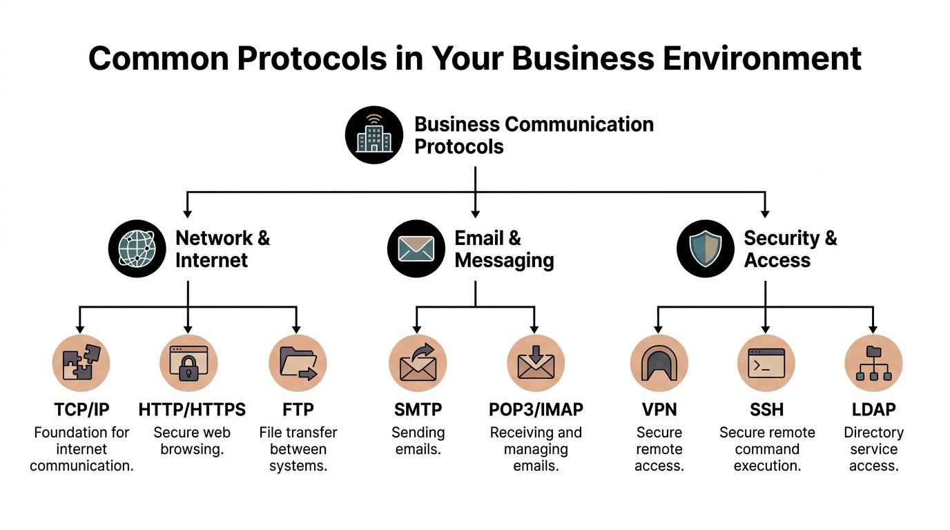 A diagram categorizing common business communication protocols into Network, Email, and Security groups with descriptions.