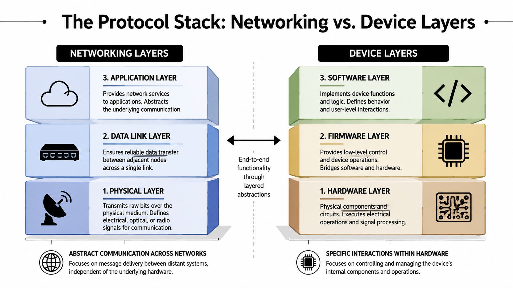 A diagram comparing Networking Layers and Device Layers, illustrating how protocol stacks manage communication and hardware interaction.