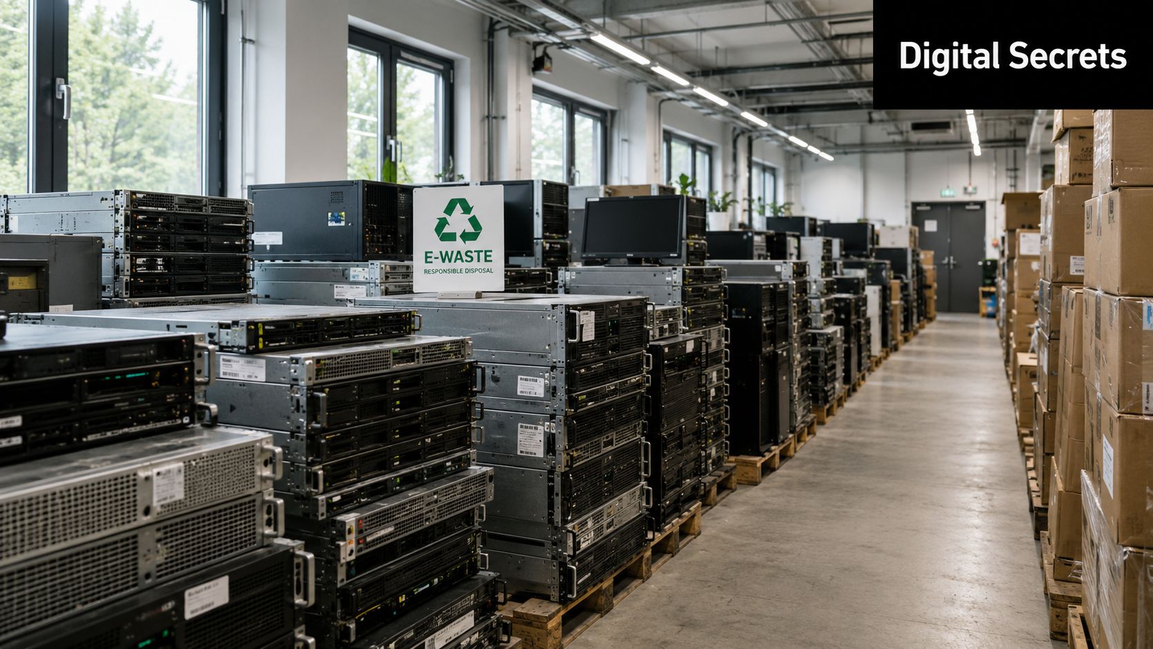 A warehouse filled with stacks of old computer servers and electronics designated for responsible e-waste disposal.