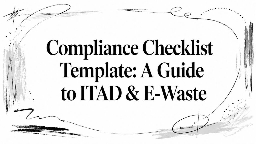 An ITAD compliance checklist template guide headline appears with abstract black sketches in the background.