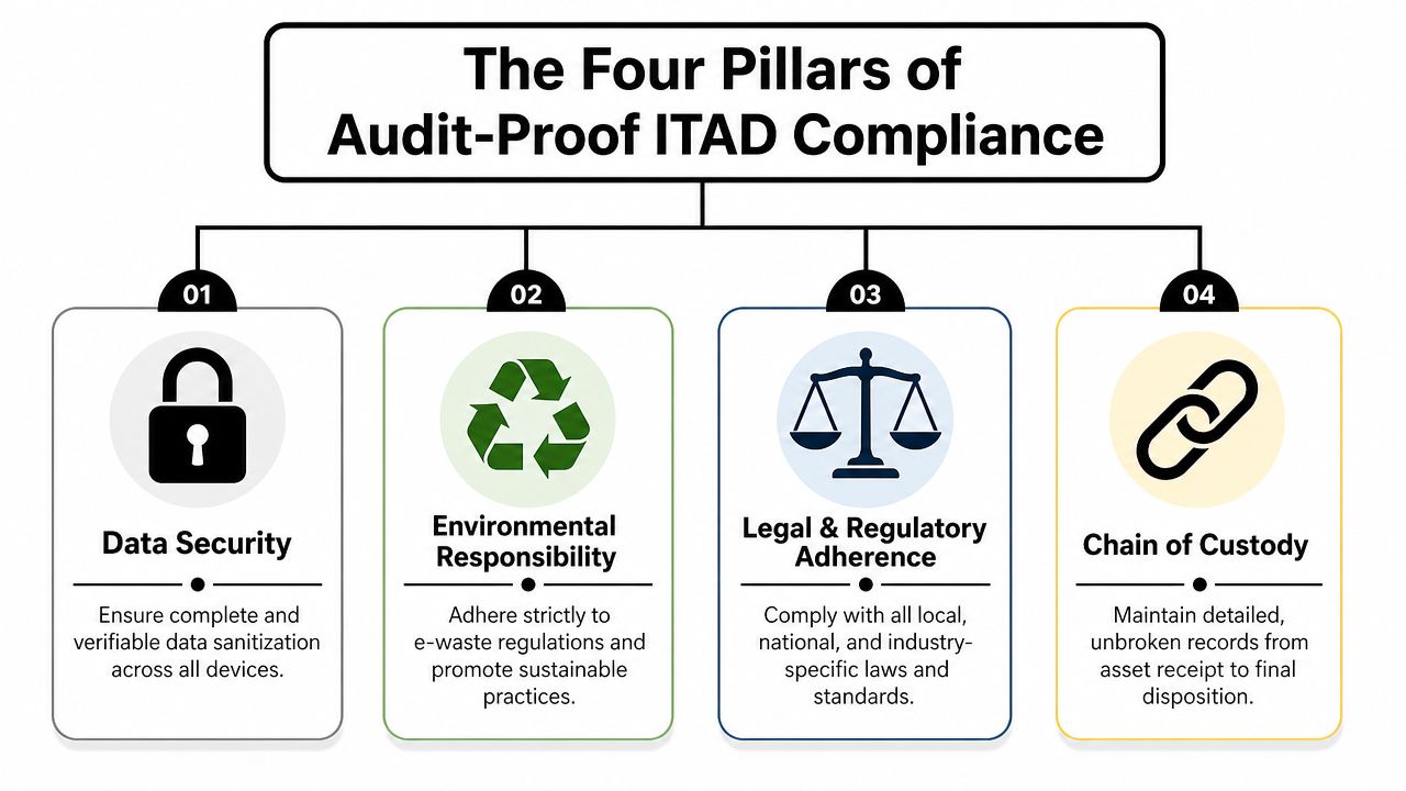 A diagram outlining the four pillars of audit-proof ITAD compliance, including data security, environmental responsibility, legal adherence, and chain of custody.