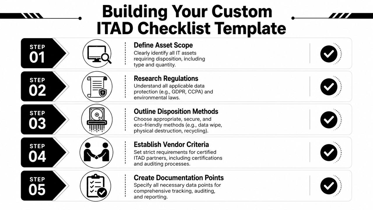 A five-step checklist template for building a custom IT asset disposition plan for compliance.