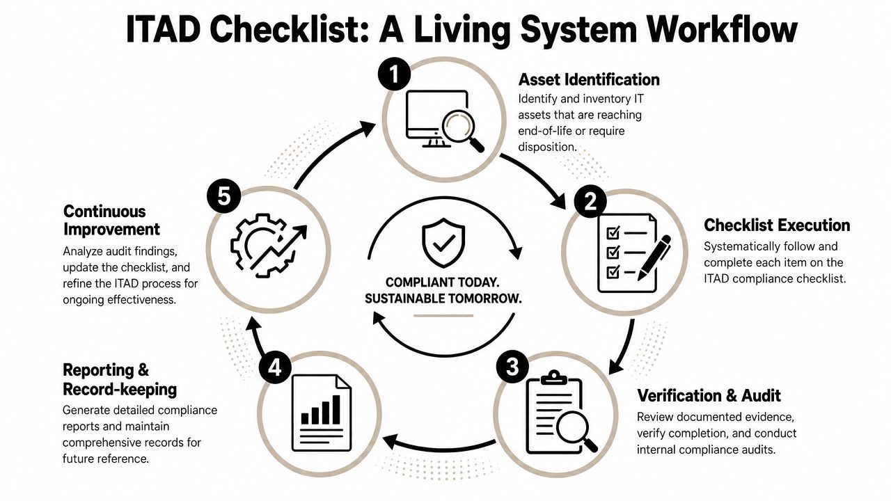 A circular diagram outlining the five steps of an ITAD compliance checklist workflow for sustainable asset disposition.