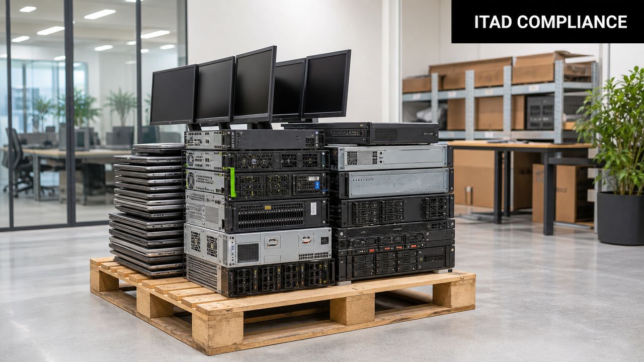 A wooden pallet loaded with decommissioned enterprise servers, computer monitors, and a stack of laptops in an office.