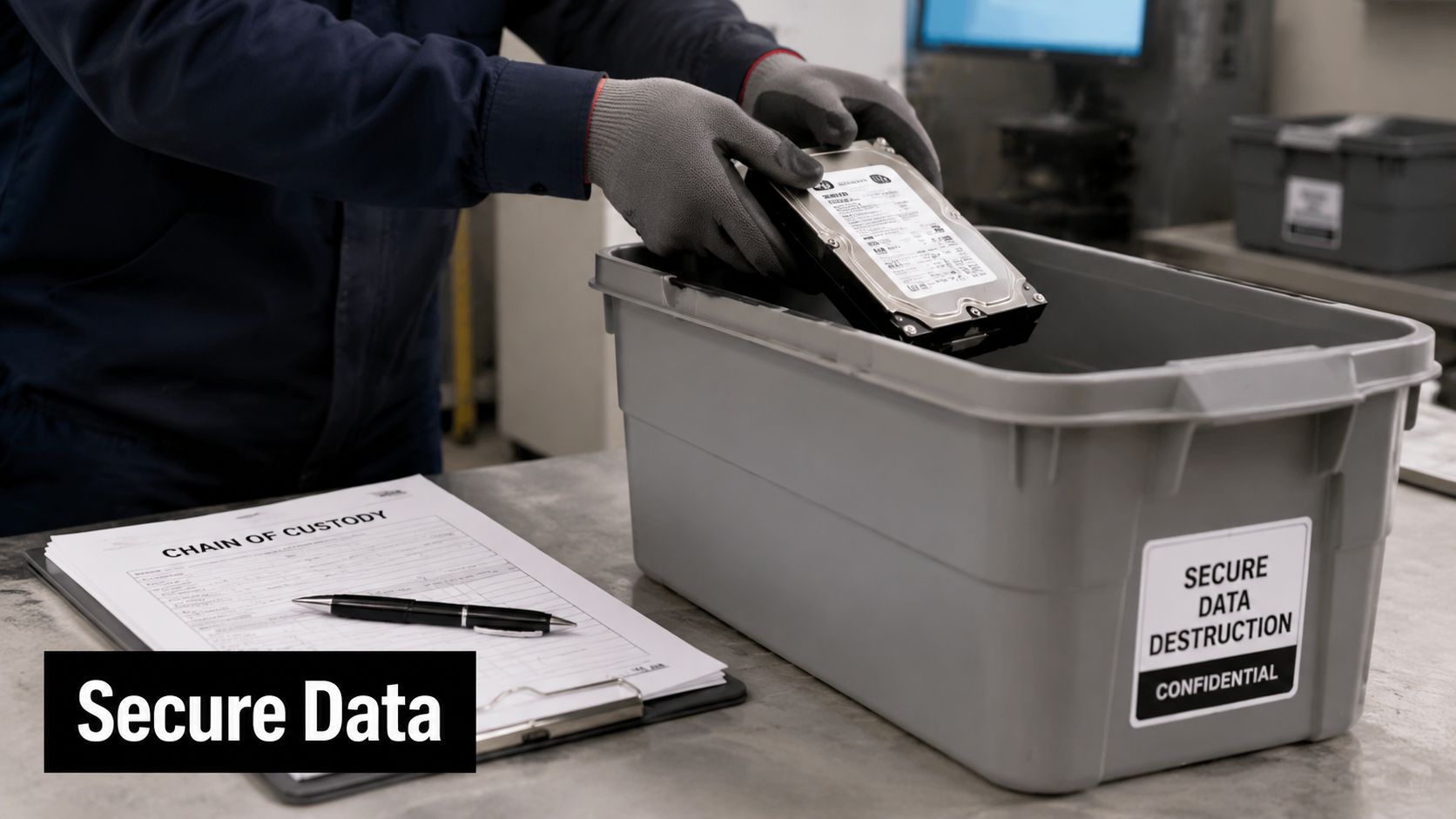 A technician securely placing a hard drive into a data destruction bin for confidential disposal.