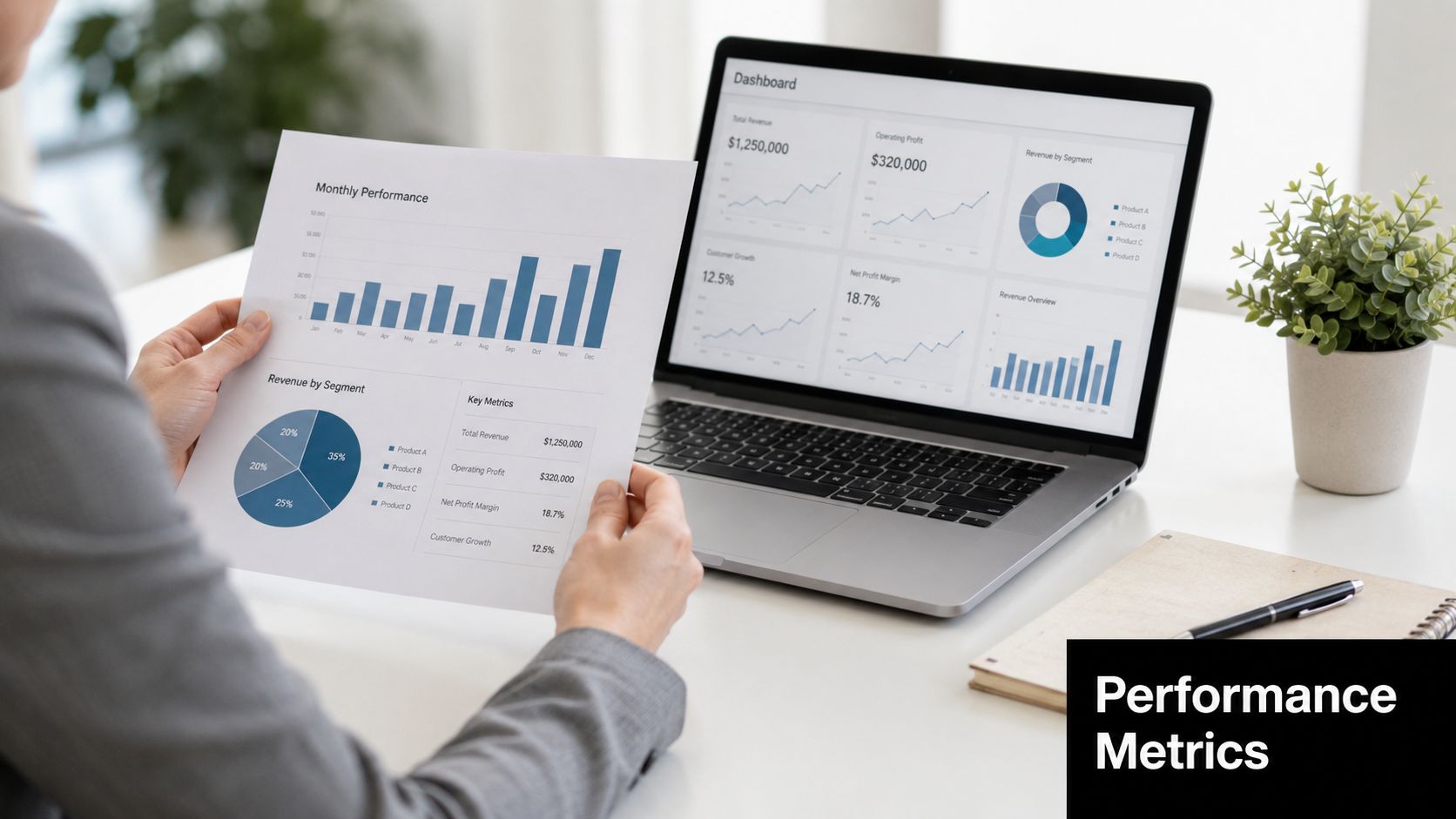 A professional analyzing performance metrics from a printed report while viewing a dashboard on their laptop screen.