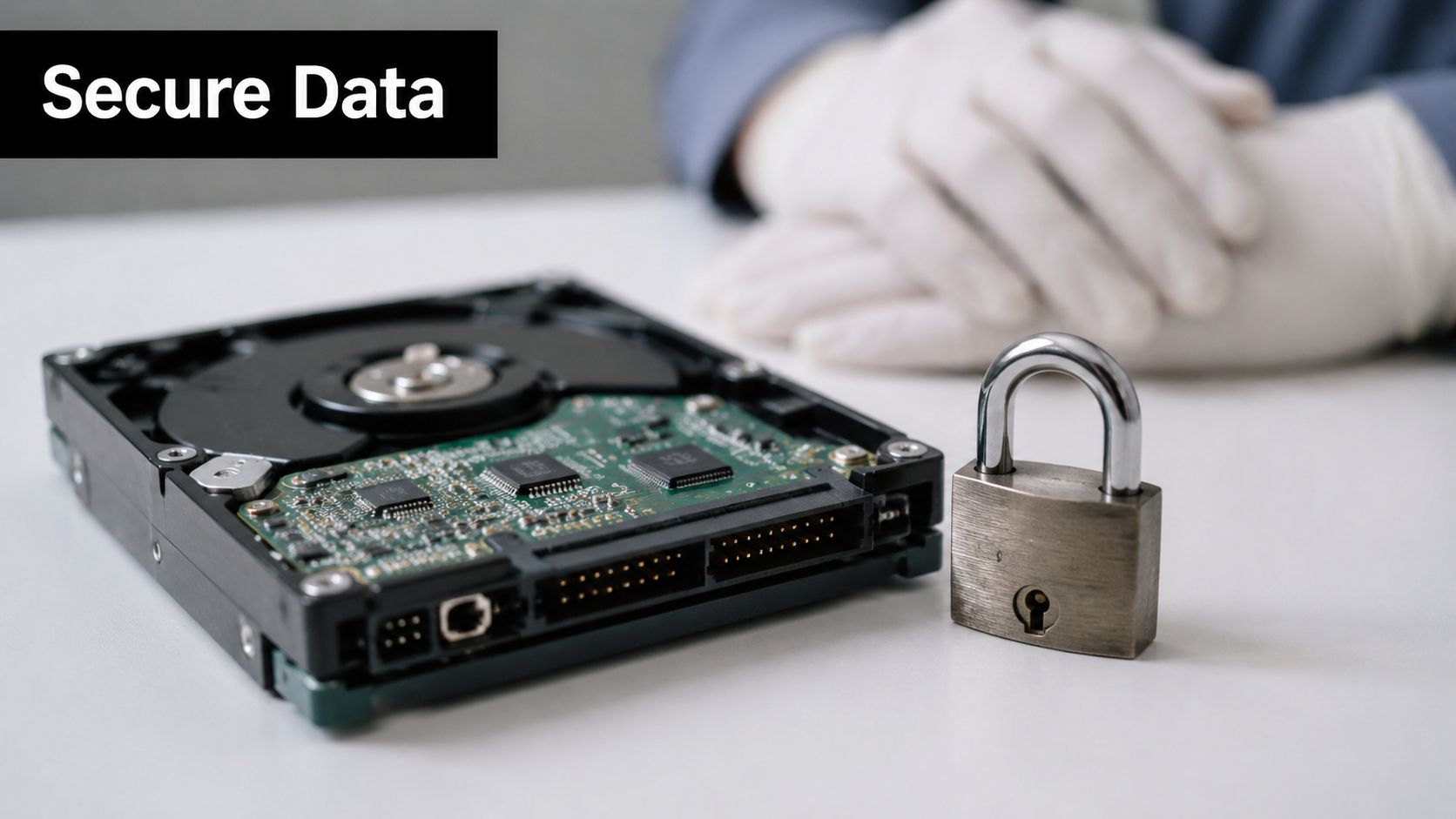 A gloved person with a hard drive and a padlock representing secure data storage and protection.