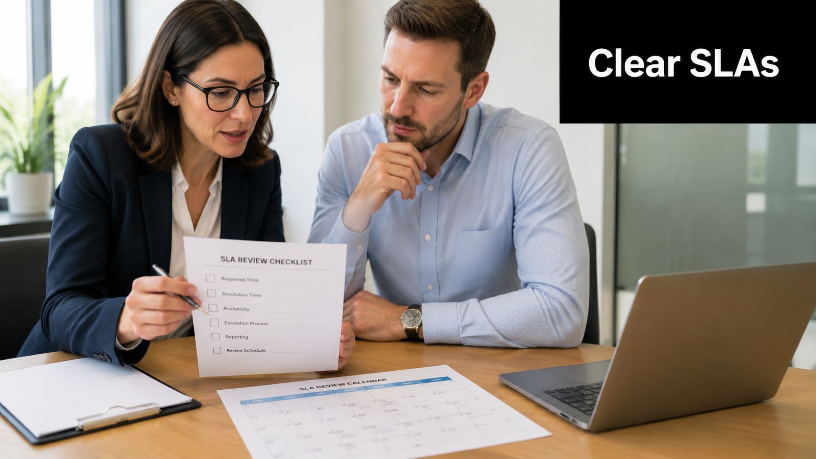A professional woman and man reviewing an SLA checklist and calendar in an office setting.