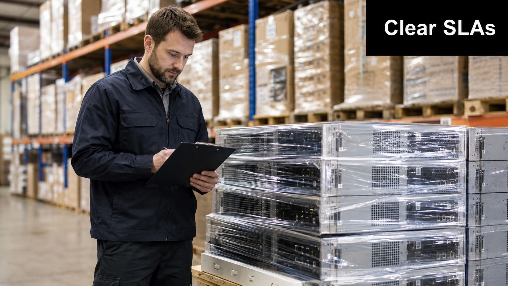 A warehouse worker in a dark jacket writes on a clipboard next to stacked server units.