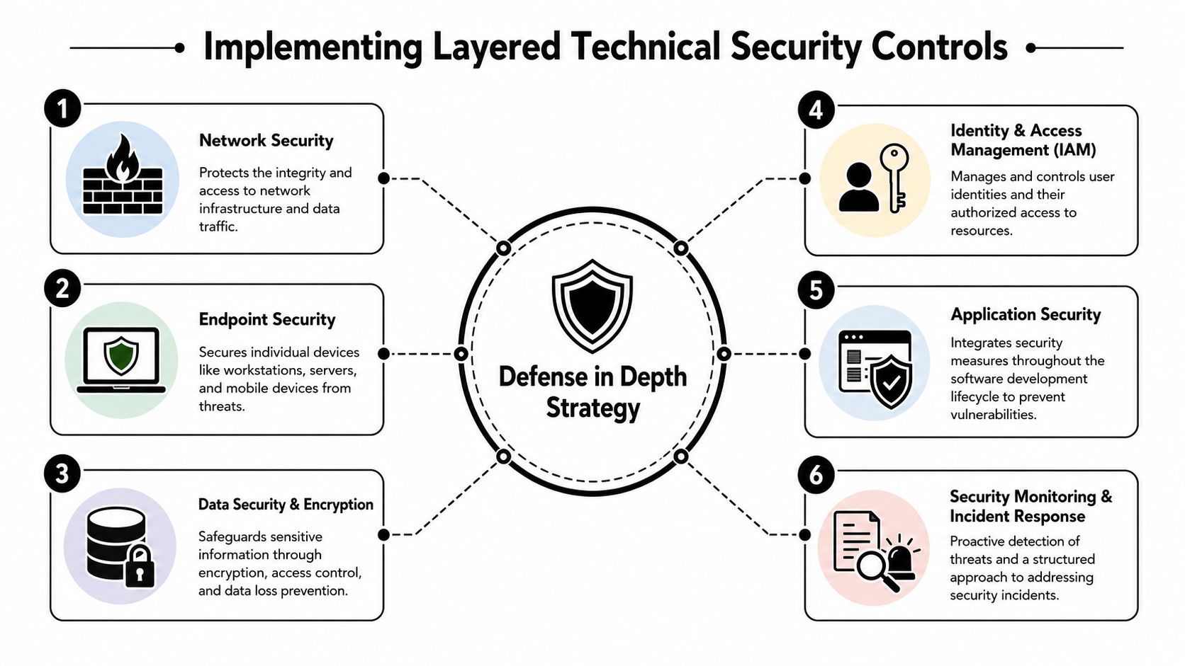 A diagram illustrating a defense in depth strategy for implementing six layers of technical security controls.