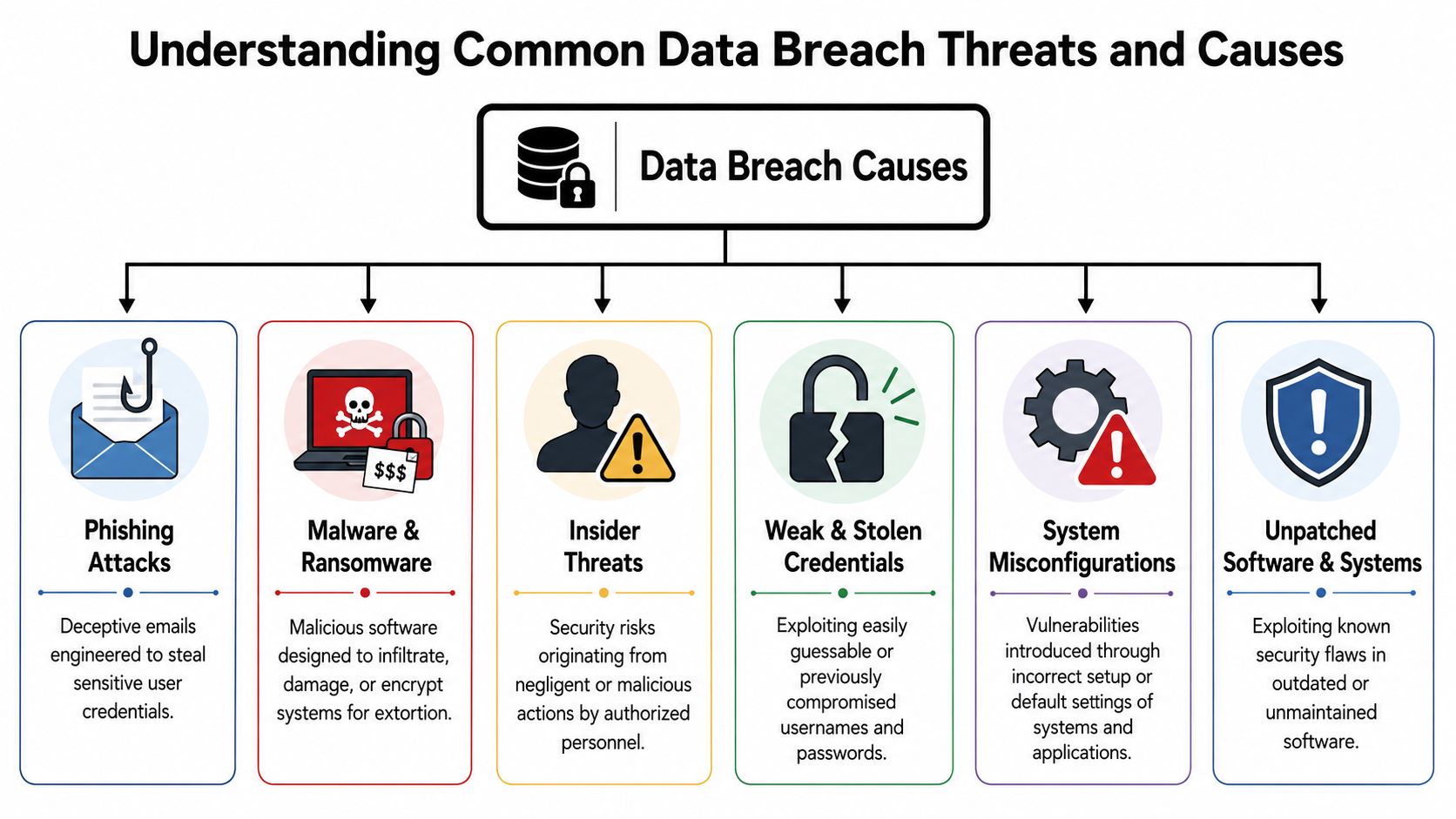 An infographic titled Data Breach Causes, outlining six common threats including phishing, malware, and weak credentials.
