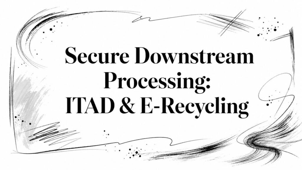 The text "Secure Downstream Processing: ITAD & E-Recycling" appears on a black and white brushstroke background.