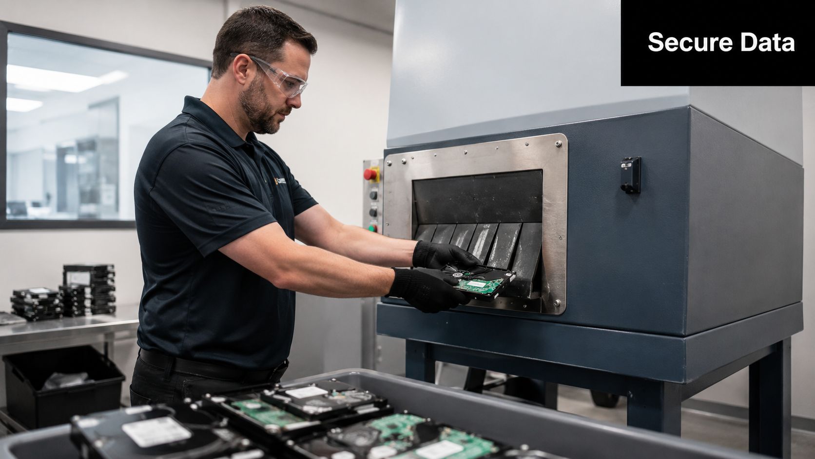 A technician in safety gear securely destroys an old hard drive in an industrial data shredding machine.