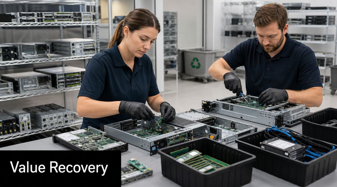 Two technicians in black polo shirts and gloves carefully repair server hardware components in a clean workshop.