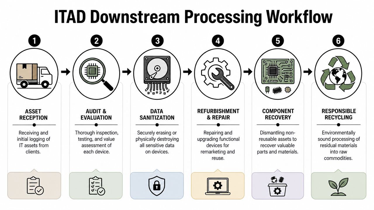An infographic showing the six steps of the ITAD downstream processing workflow for handling electronic waste.
